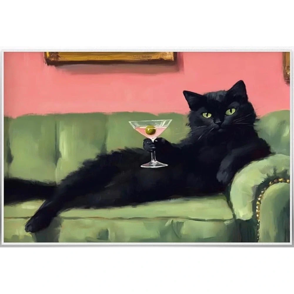 Black Cat Martini Canvas Wall Art Pink Green Whimsical Decor 16x24